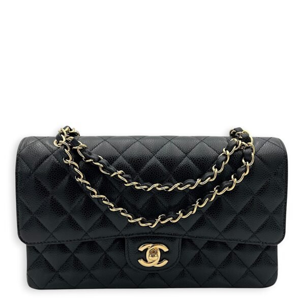 Classic Flap Medium Black Shoulder Bag in Caviar Leather, Gold hardware