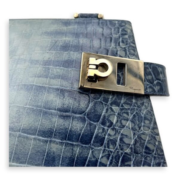 Gancini Top Handle Bag Blue in Python Embossed Calfskin, Silver hardware - Image 8