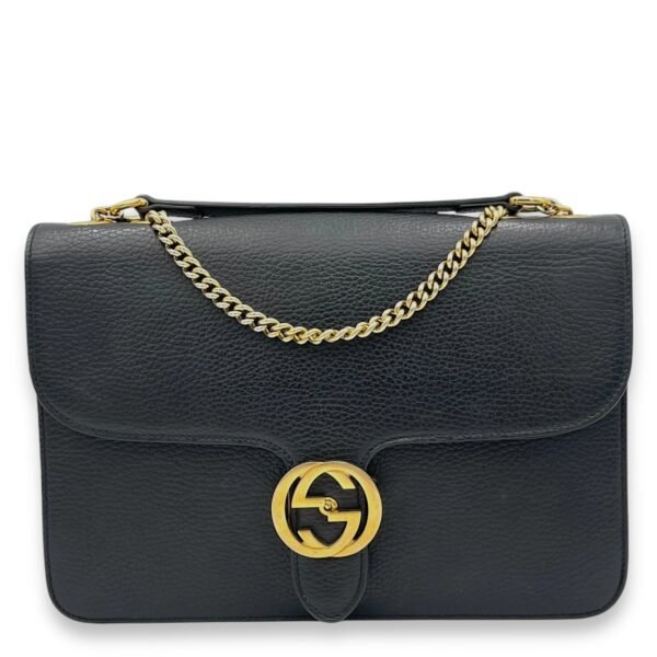 Interlocking G  Black Shoulder Bag in Calfskin, Gold hardware