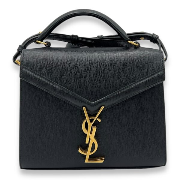 Cassandra Mini Black Top Handle Bag in Caviar Leather, Gold hardware