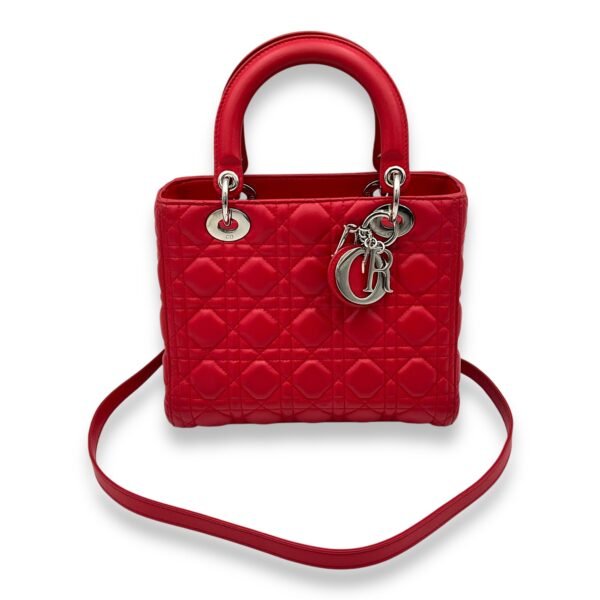 Lady Dior Medium Red Top Handle Bag in Lambskin, Silver hardware - Image 9