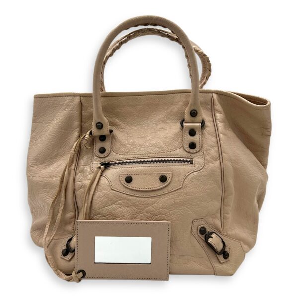 Sunday Beige Top Handle Bag in Goat Leather, Ruthenium-finish Brass hardware - Image 9