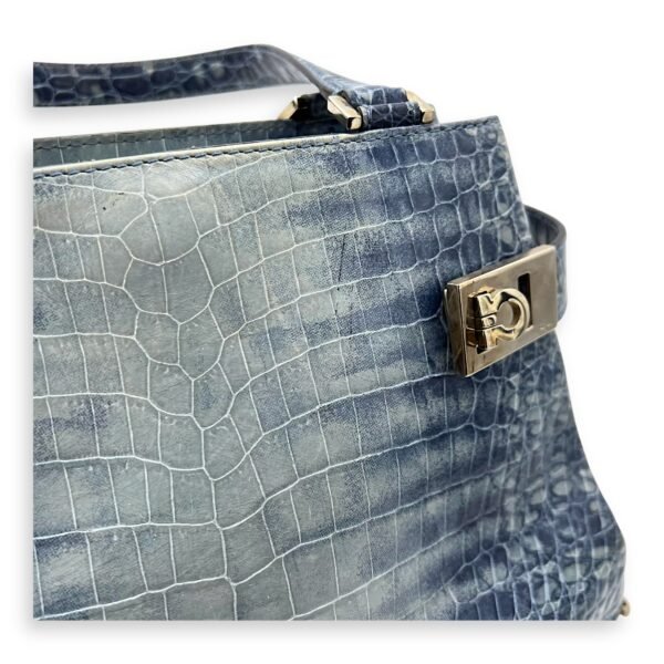 Gancini Top Handle Bag Blue in Python Embossed Calfskin, Silver hardware - Image 9