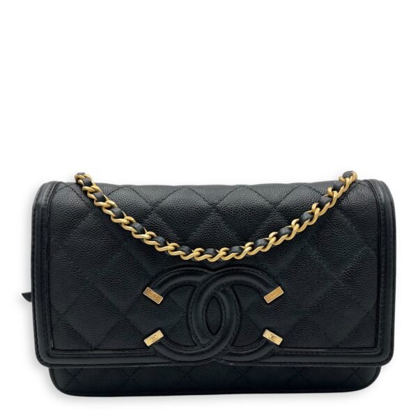 Filigree Wallet On Chain Black in Caviar Leather, Gold hardware