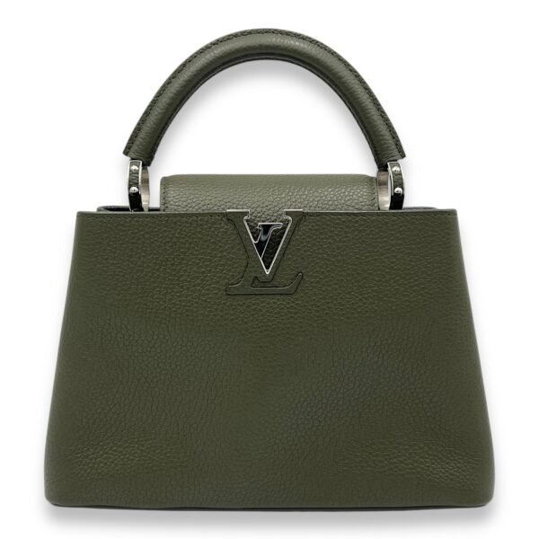Capucines Top Handle Bag BB Green in Taurillon Leather, Silver hardware