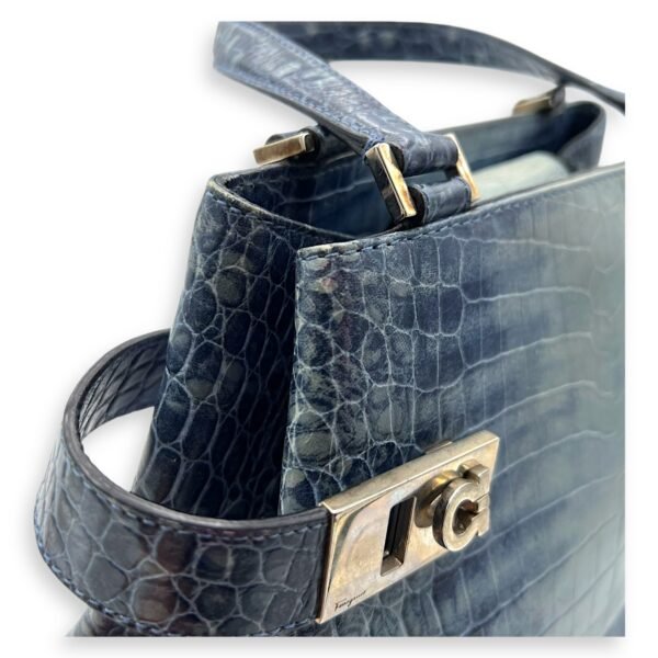 Gancini Top Handle Bag Blue in Python Embossed Calfskin, Silver hardware - Image 10