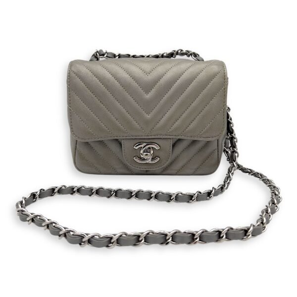 Chevron Square Mini Grey Crossbody Bag in Canvas, Silver hardware - Image 12