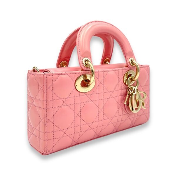 Lady D-Joy Small Pink Top Handle Bag in Patent Leather, Gold hardware - Image 3