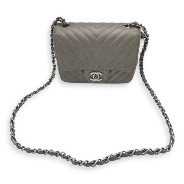 Chevron Square Mini Grey Crossbody Bag in Canvas, Silver hardware - Image 13