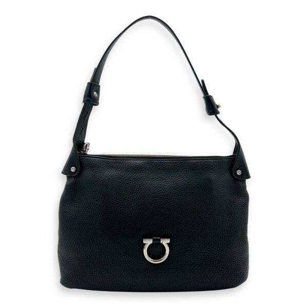 Gancini Black Shoulder Bag in Calfskin, Silver hardware
