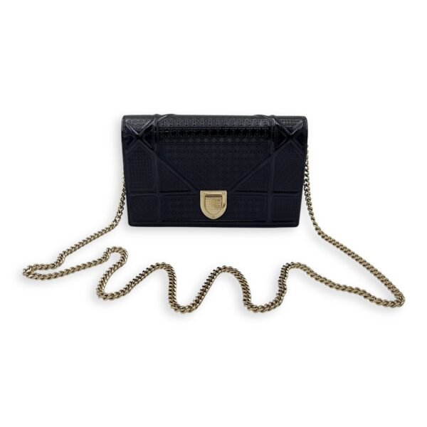 Diorama Wallet On Chain Blue in Patent Leather, Light Gold hardware - Image 16