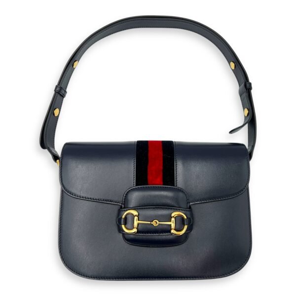 Horsebit 1955 Shoulder Bag Blue in Calfskin, Gold hardware - Image 16