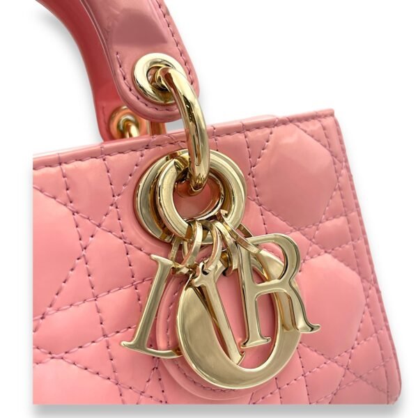 Lady D-Joy Small Pink Top Handle Bag in Patent Leather, Gold hardware - Image 9