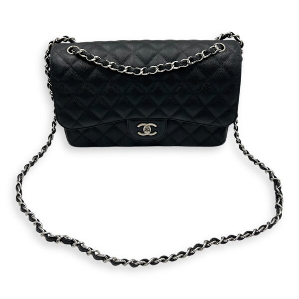 Classic Double Flap Jumbo Black Shoulder Bag in Caviar Leather, Silver hardware - Image 10