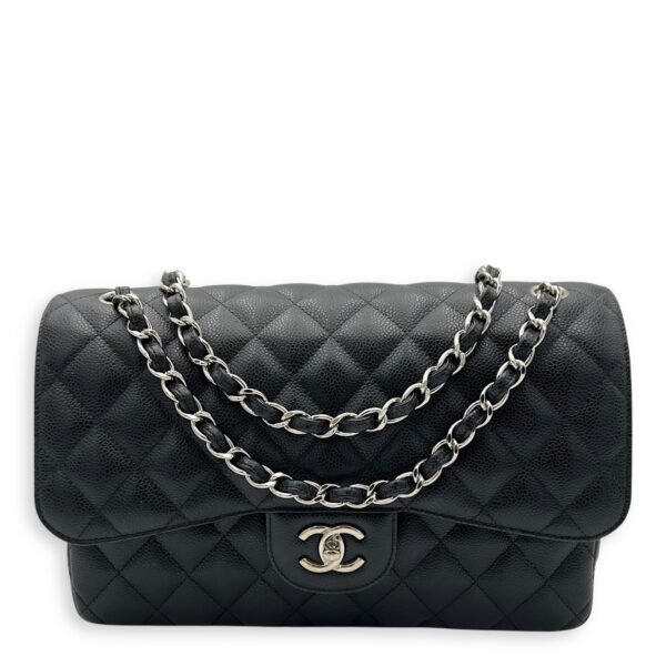 Classic Double Flap Jumbo Black Shoulder Bag in Caviar Leather, Silver hardware