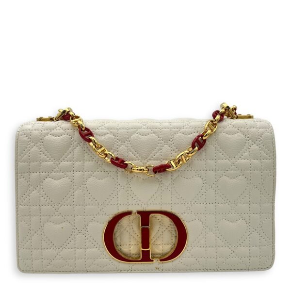 Caro Medium White Crossbody Bag in Calfskin, Gold hardware