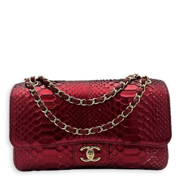 Classic Red Shoulder Bag in Python Leather, Gold hardware